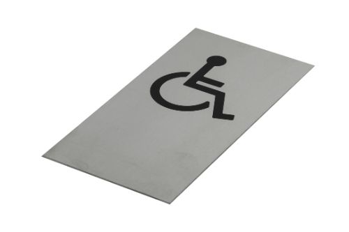 Adhesive wheelchair symbol sign in black on brushed stainless steel, 200 x 100 mm, ideal for enhancing accessibility.