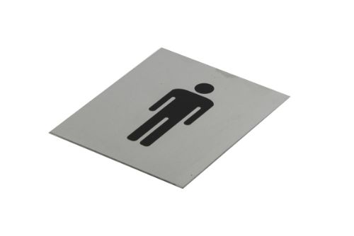 Black male toilet symbol sign made of brushed stainless steel, measuring 120 x 100 mm, with a strong adhesive backing.