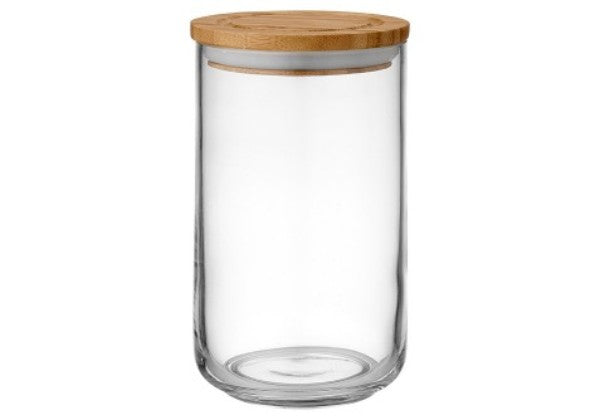 Clear glass canister with a bamboo lid, 17cm tall, perfect for stylish kitchen storage and organization.