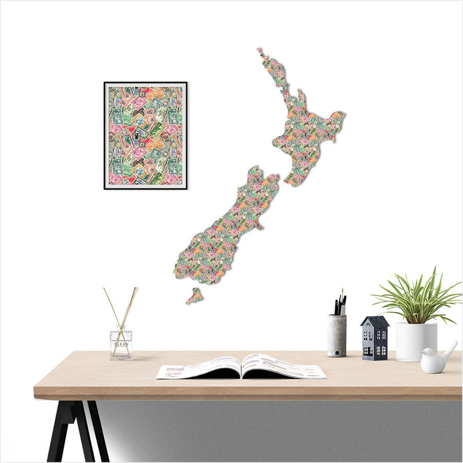 Large wall art featuring a vintage stamp-patterned NZ map, showcasing Aotearoa's culture and beauty in durable ACM material.