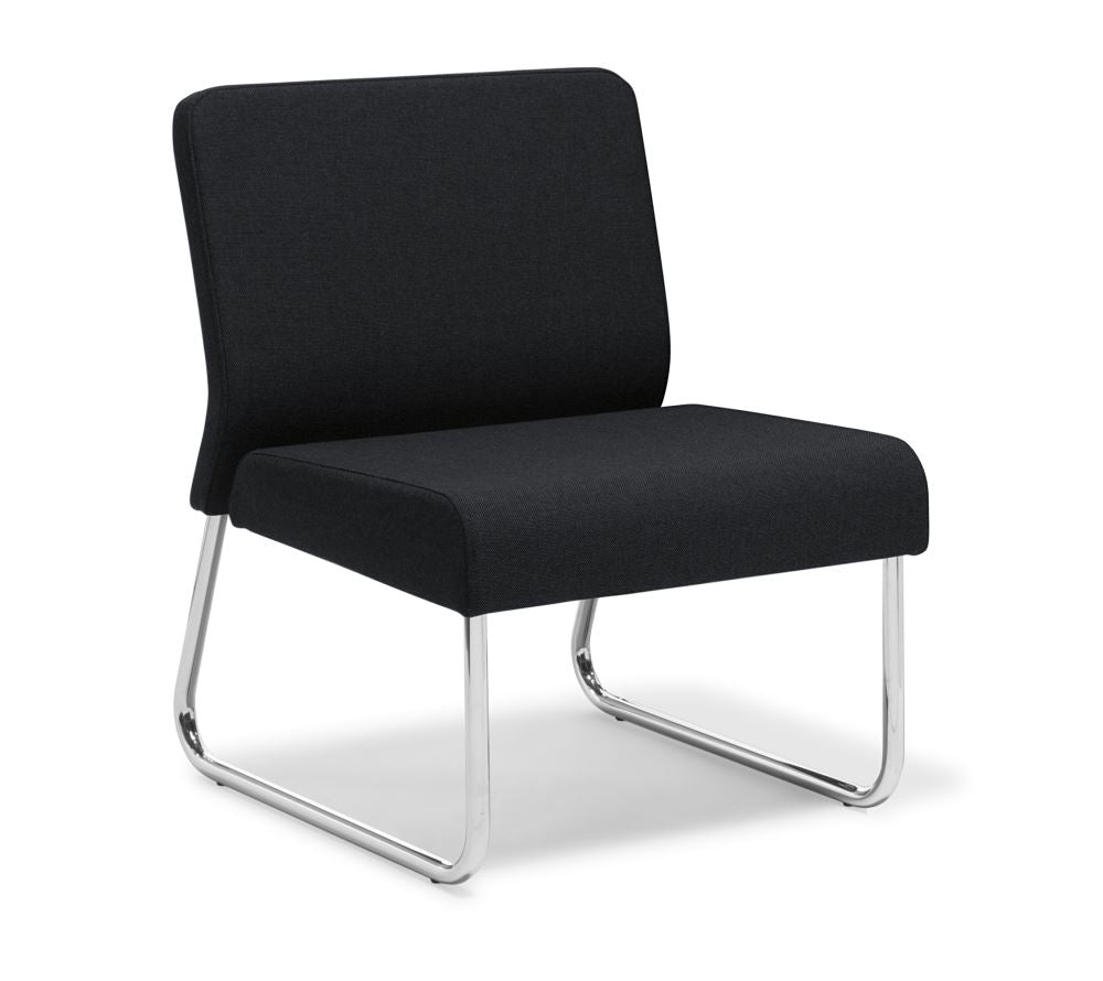 Elegant chair with chrome frame and Dolly Ebony upholstery, offering comfort and style for public spaces.
