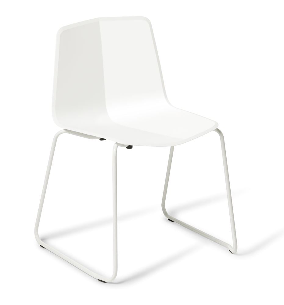 White Stratos Sled Chair with polypropylene shell and stackable design, perfect for modern indoor spaces.