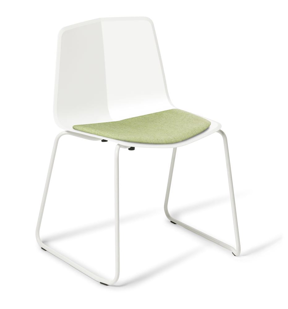 Contemporary white upholstered chair with sturdy sled frame, perfect for dining or office use, stackable and ergonomic design.