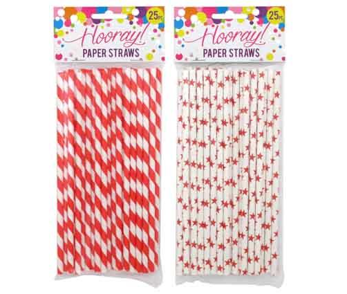 Red paper straws in two styles, ideal for party decor, comes in 6 packs of 25, adding a stylish touch to any table.