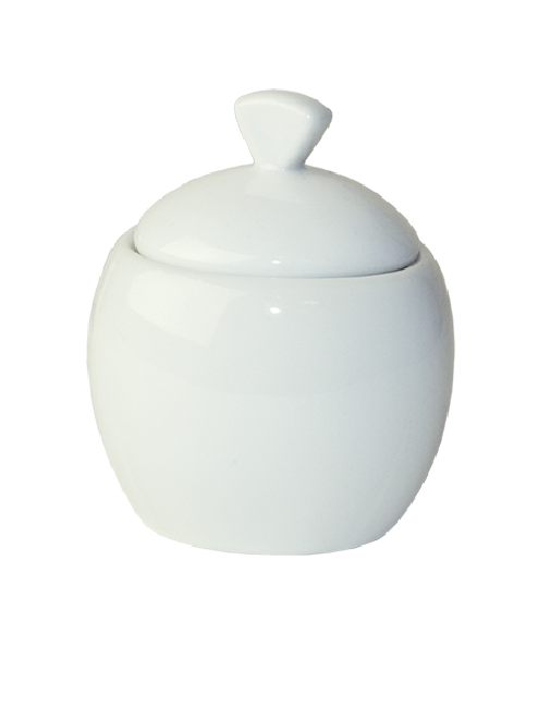 Elegant white porcelain sugar bowl with lid, perfect for serving sugar with tea and coffee, measuring 11 x 9 cm.
