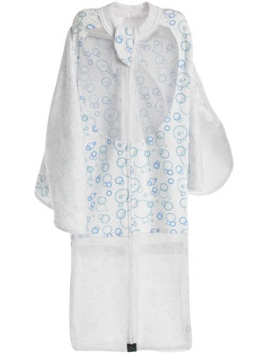 Soft cotton baby swaddle in Blue Bubbles with ventilation, double wrap, and easy diaper change zip for secure sleep.