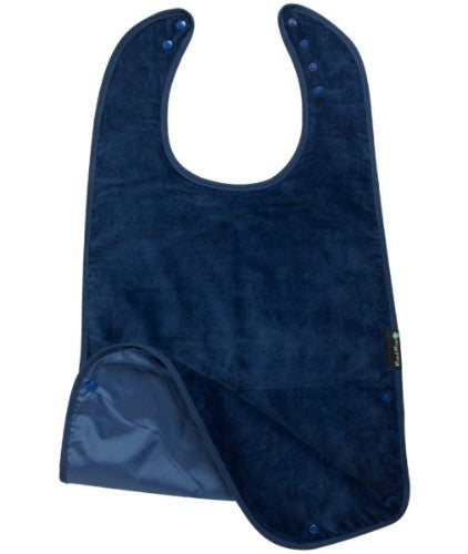 Navy Super Sized Feeding Apron made from absorbent cotton, stain-resistant, adjustable, and waterproof for mess-free meals.