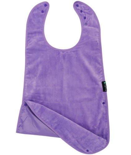 Super Sized Purple Feeding Apron featuring absorbent towelling, waterproof layer, and adjustable neckline for toddlers.