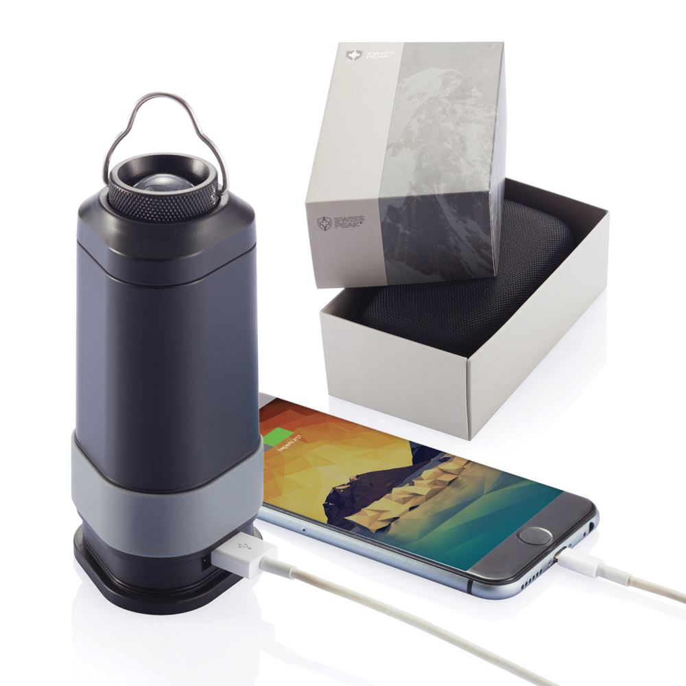 Swiss Peak 4000mAh Lantern Power Bank: compact, versatile lantern with power bank, flashlight, and emergency red light.