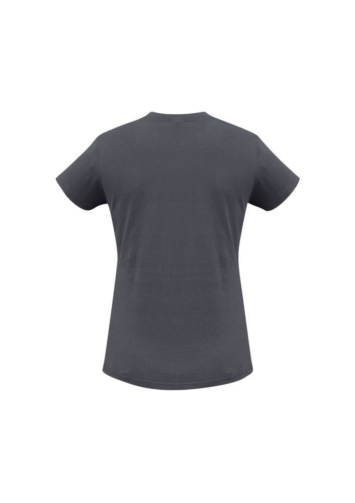 Ladies Ice Tee in charcoal, size 6, made from 100% combed cotton, featuring a ribbed neck and twin needle hems for comfort and style.