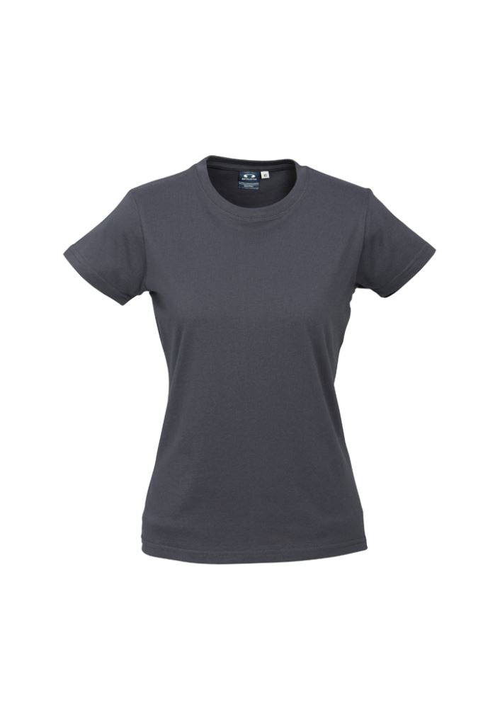 Ladies Ice Tee in Charcoal, size 24, featuring a ribbed neck, durable hems, and breathable 100% cotton for everyday comfort.