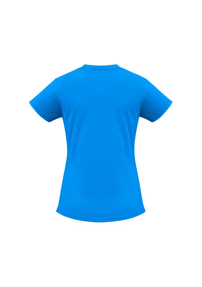 Ladies Ice Tee in Neon Cyan, size 12, featuring a ribbed neck, twin needle stitching, and a comfortable fit for activewear.