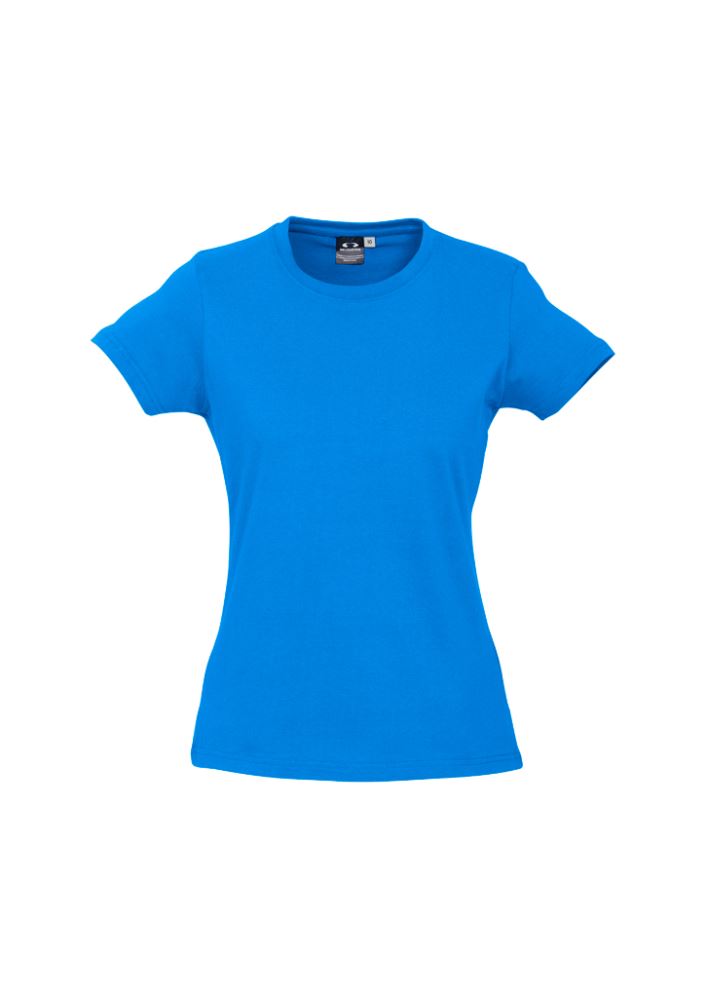 Neon cyan ladies tee from Biz Collection, size 10, featuring stretchy neck, quality hem, and easy rebranding label.