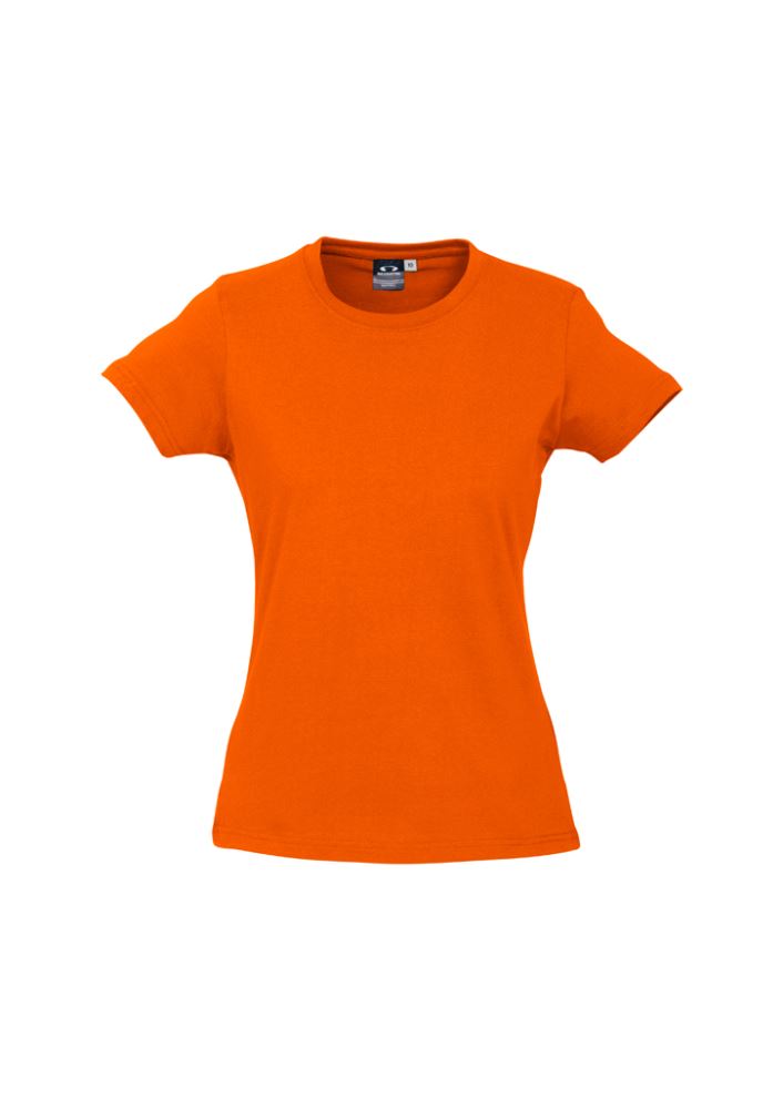 Vibrant Fluoro Orange Ladies Ice Tee in size 14, featuring breathable fabric, ribbed neck, and durable stitching for comfort and style.