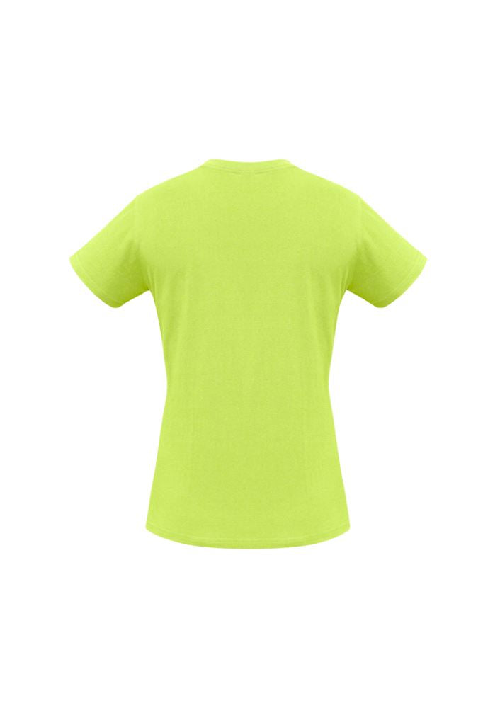 Vibrant fluoro yellow/lime Ladies Ice Tee, size 18, made for comfort with a ribbed neck and breathable fabric, ideal for activewear.