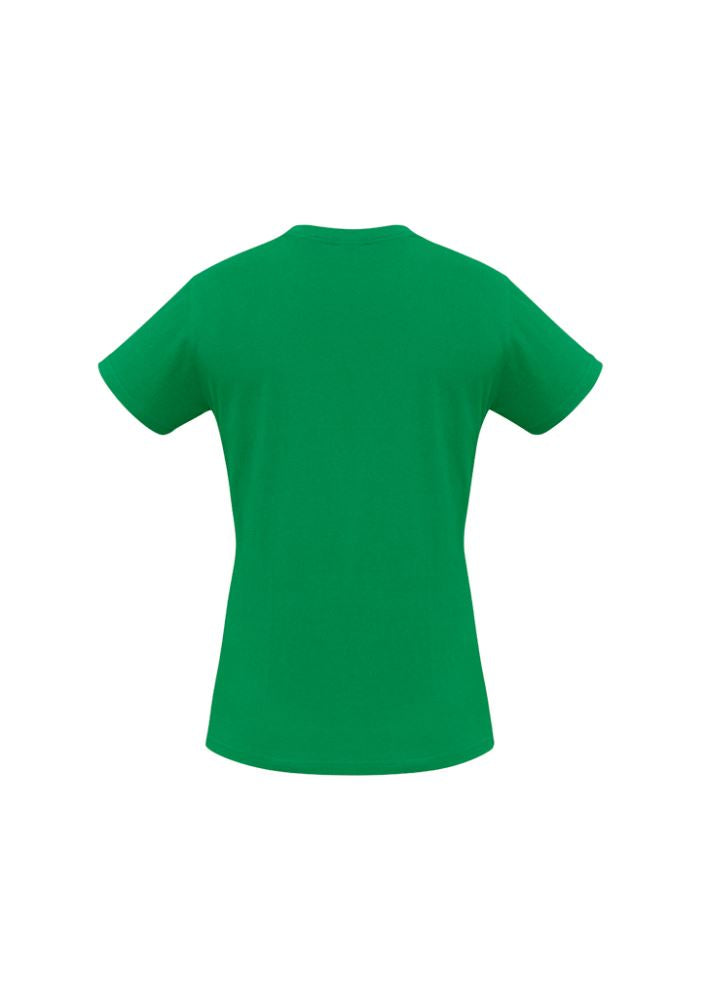 Ladies Ice Tee in Kelly Green, size 14, featuring soft cotton fabric, ribbed neck, and twin needle hems for stylish, comfortable wear.