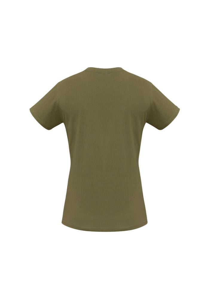 Ladies Ice Tee in khaki, size 14, featuring stretchy ribbed neck, durable stitching, and breathable 100% cotton for comfort.
