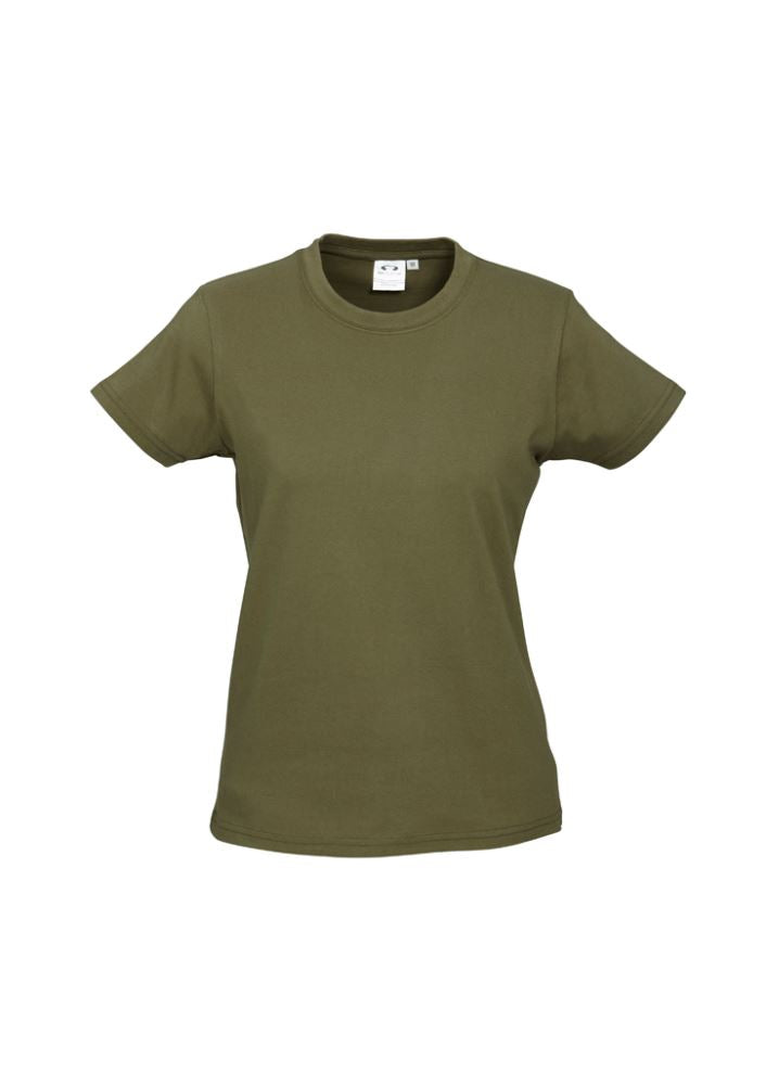 Khaki Ladies Ice Tee in Size 14, made from soft combed cotton, featuring a ribbed neck and durable stitching for comfort.