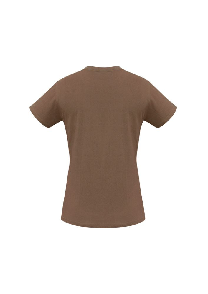 Mocha Ladies Ice Tee in Size 18, made from soft combed cotton with a flattering fit and easy tear-away label for branding.