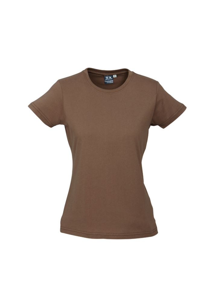 Ladies Mocha Ice Tee in Size 10, crafted from premium cotton with ribbed neck, twin needle hems, and tear-away label for easy rebranding.