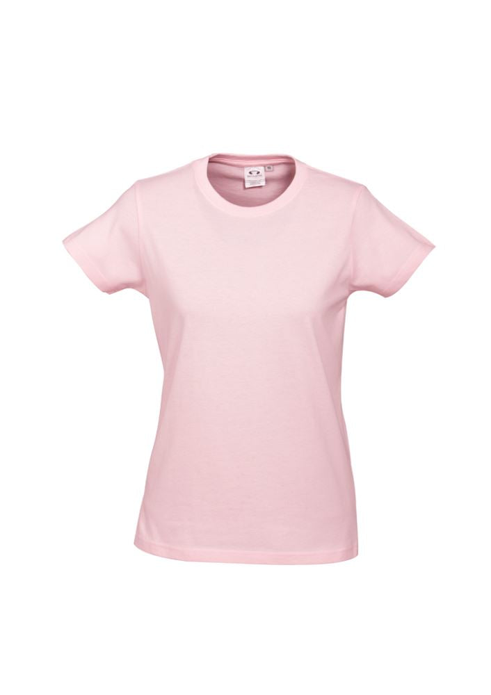 Vibrant pink Ladies Ice Tee, size 12, crafted from premium cotton for comfort, featuring ribbed neck and durable seams.