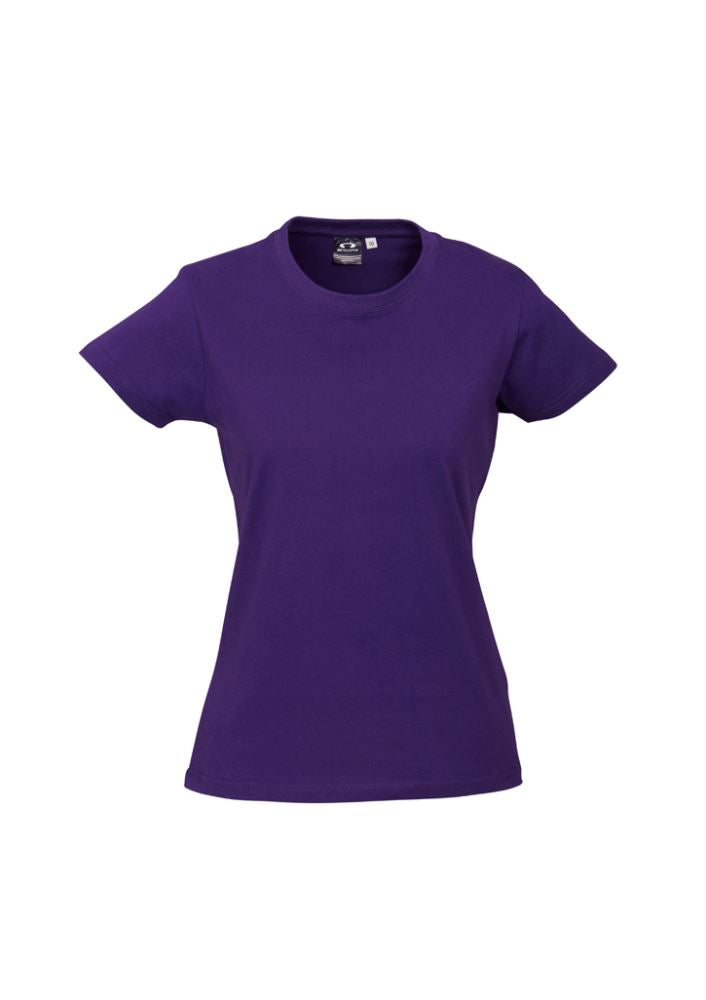 Ladies Ice Tee in purple, size 24, made of 100% combed cotton, featuring a ribbed neck and twin needle hems for durability.