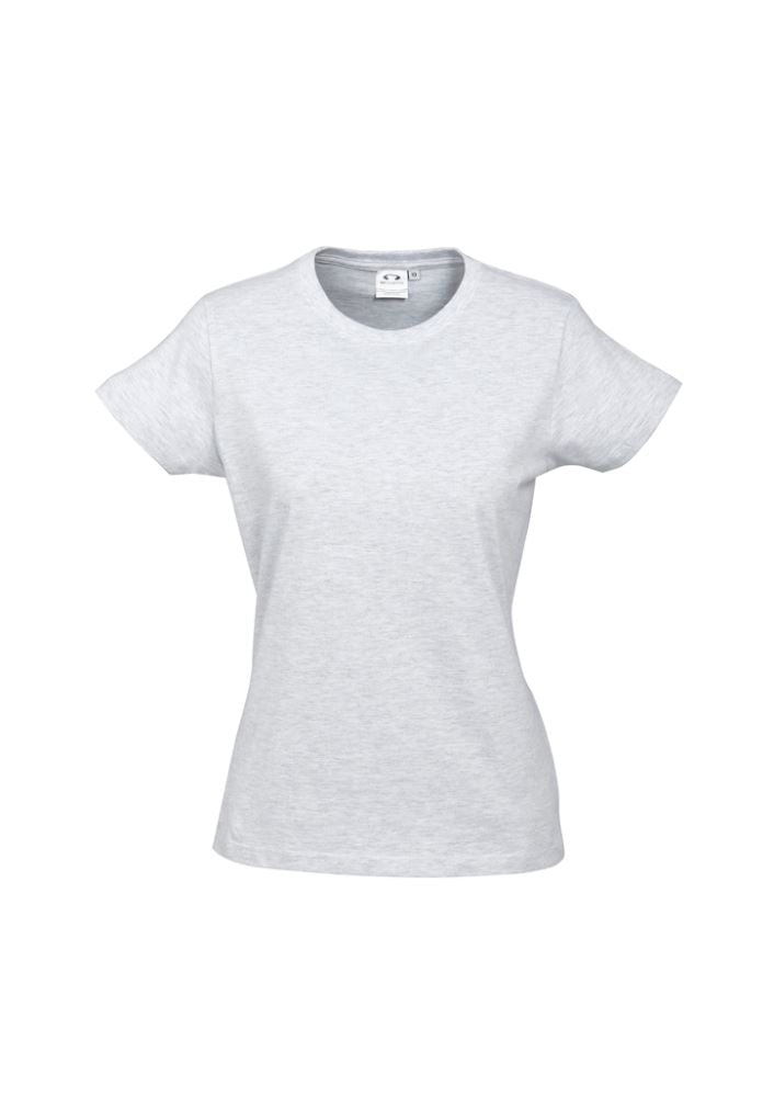 Ladies Ice Tee in Snow Marle, Size 12, featuring soft combed cotton, ribbed neck, and durable twin needle hems.