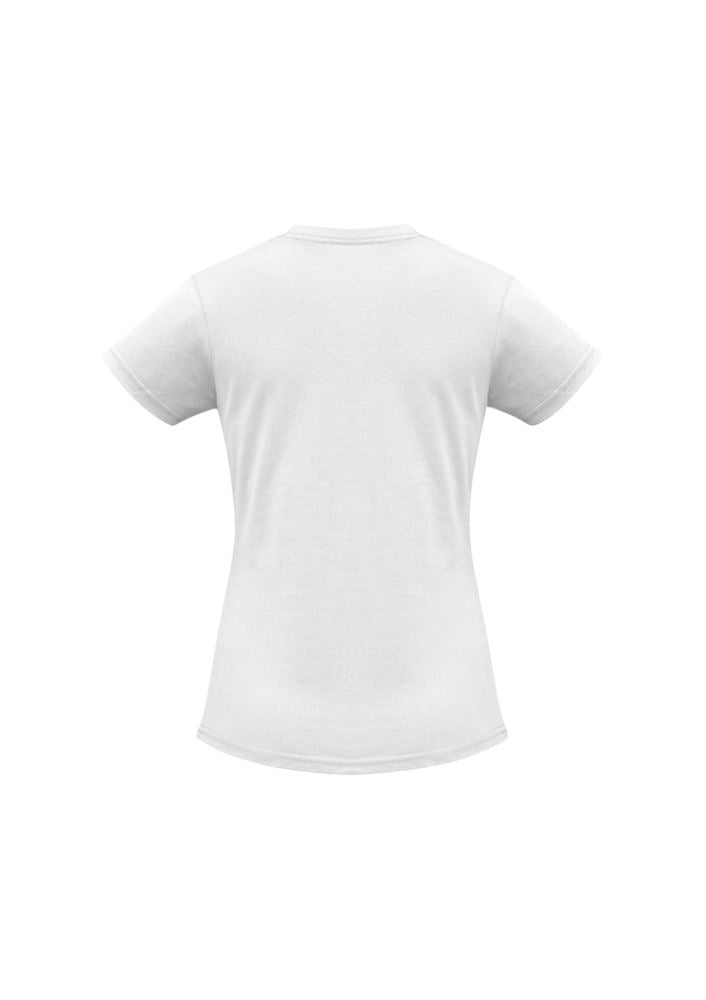 Ladies Ice Tee in white, Size 10, featuring premium cotton fabric, ribbed neck, and durable design for comfort and style.