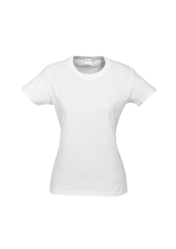 Ladies Ice Tee in white, size 6, featuring a stylish fit, premium cotton fabric, and ribbed neck for comfort and durability.