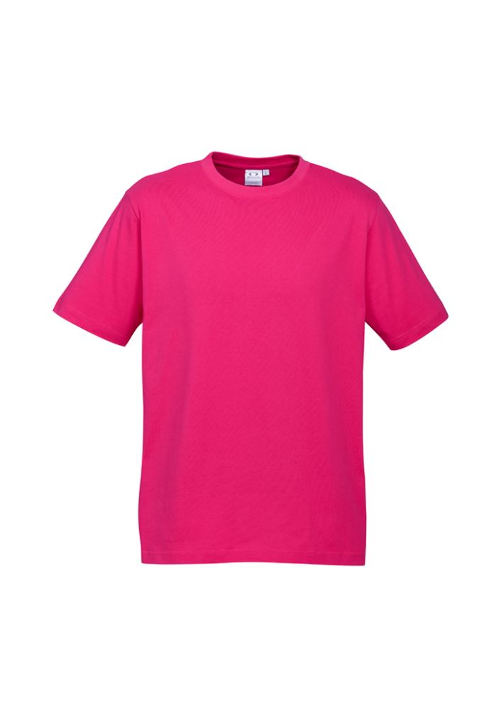 Kids Ice Tee in vibrant fuchsia, made with soft cotton, features a ribbed collar and durable hem for active kids’ comfort.