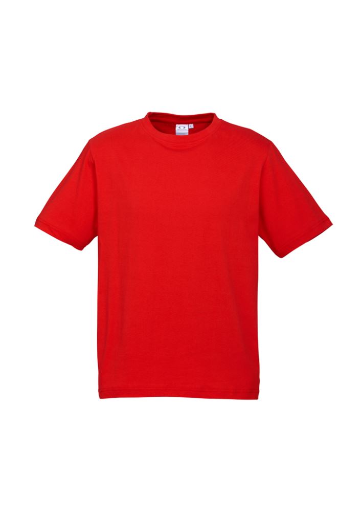 Kids Ice Tee in vibrant red, Size 4, made of breathable cotton with a stretchy collar and durable stitching for active wear.