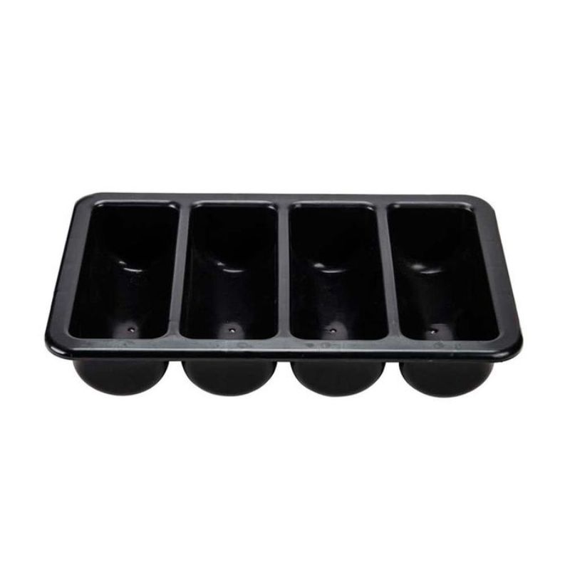 Sleek black cutlery box with 4 compartments, ideal for organizing utensils and condiments in any kitchen drawer.