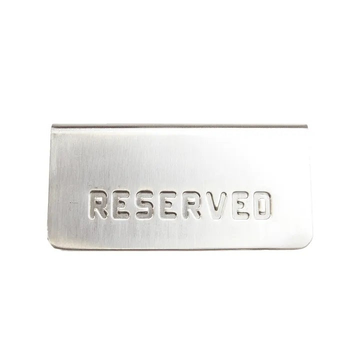 Reserved stainless steel A-frame sign, 12cm wide and 5cm high, clearly marking tables as reserved with black print.