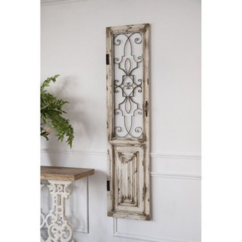 Stunning white decorative door with metal grillwork, crafted from solid wood for rustic charm and architectural elegance.