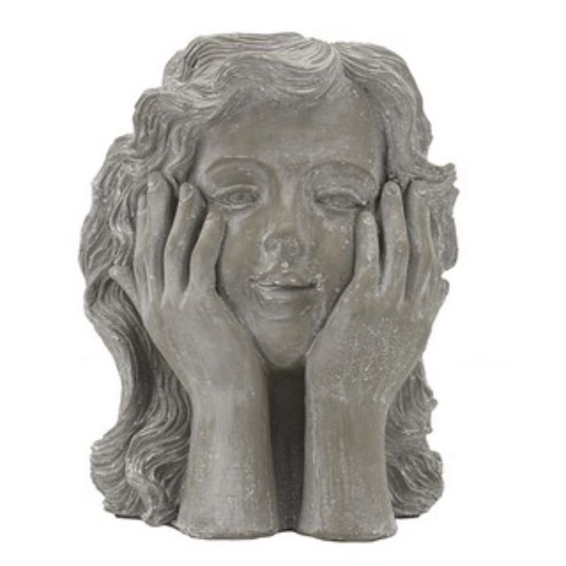 Charming 29cm girl statue planter in durable cement, perfect for showcasing plants indoors or outdoors.
