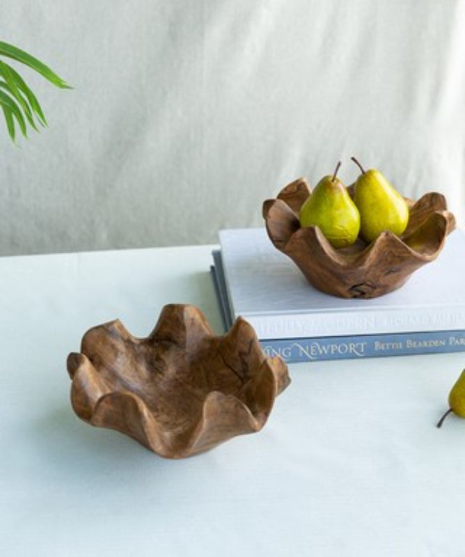 Set of 2 eco-friendly teak bowls (22cm) with natural finish, perfect for serving salads, fruits, or snacks elegantly.