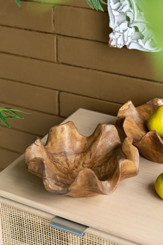 Set of 2 22cm teak bowls with natural finish, perfect for serving salads and snacks, showcasing unique grain patterns.