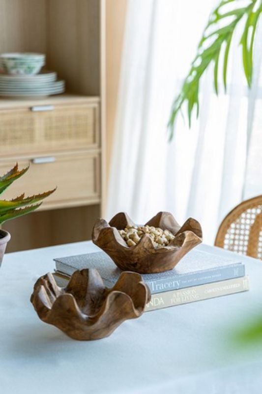 Set of 2 eco-friendly teak bowls, 22cm, showcasing natural wood grain, perfect for serving salads and snacks.