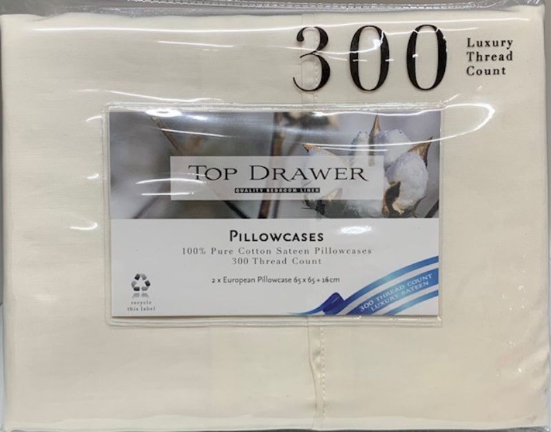 Euro Pillowcase - 300TC 100% Cotton Sateen Cream (2 Pack)