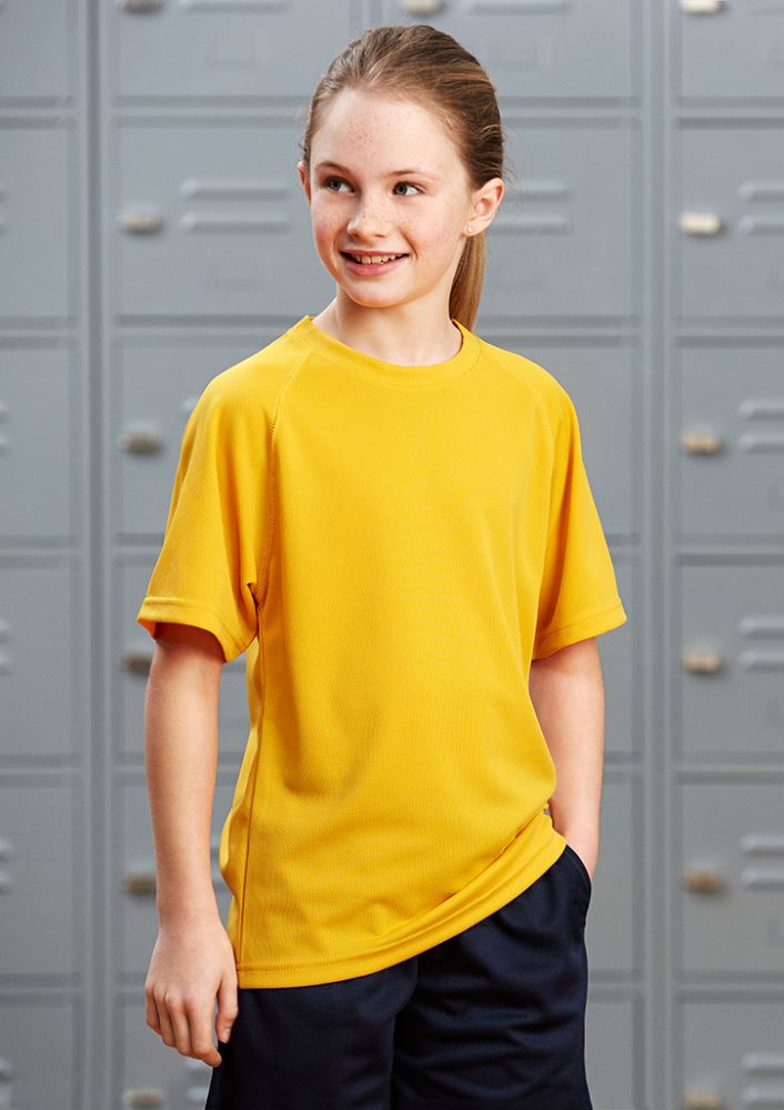 Kids Sprint Tee in Spring Blue, Size 16, featuring breathable mesh fabric and UPF sun protection for active play.