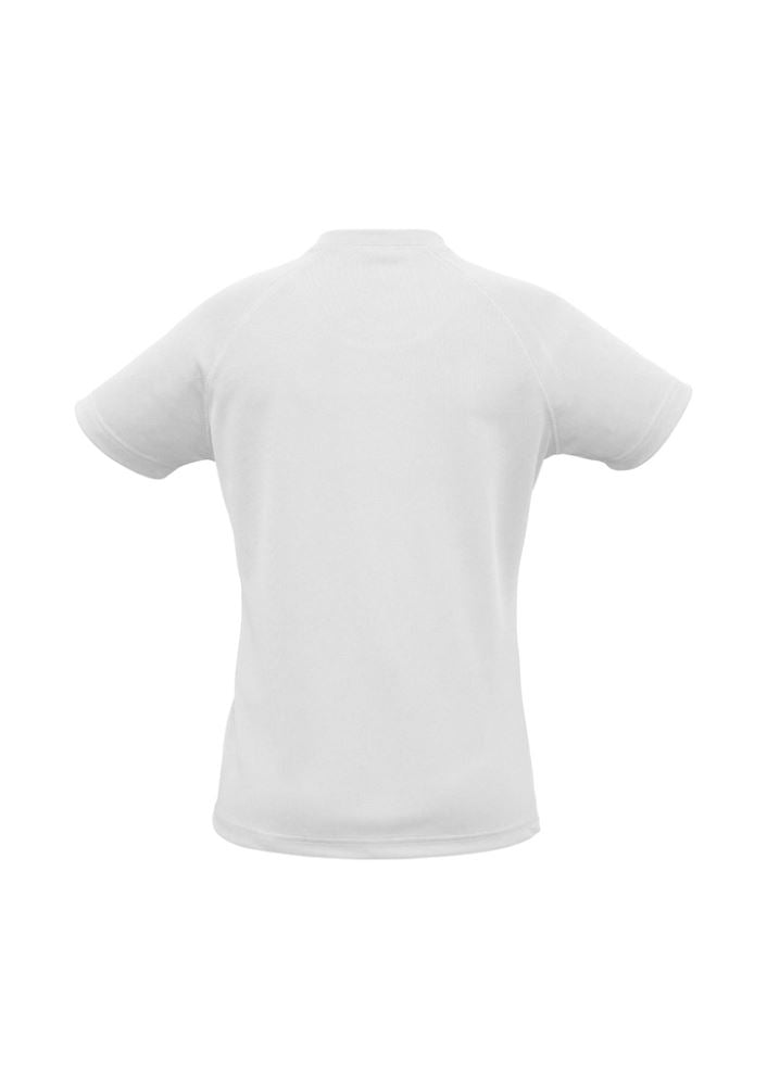 Ladies Sprint Tee in white, size 8; breathable polyester, crew neck, perfect for workouts and casual wear.