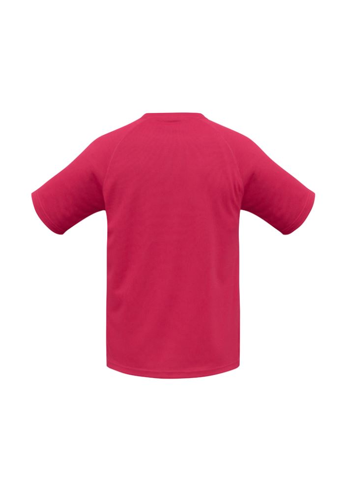 Vibrant red Kids Sprint Tee size 4, made of breathable polyester for active play, featuring UPF protection and raglan armholes.