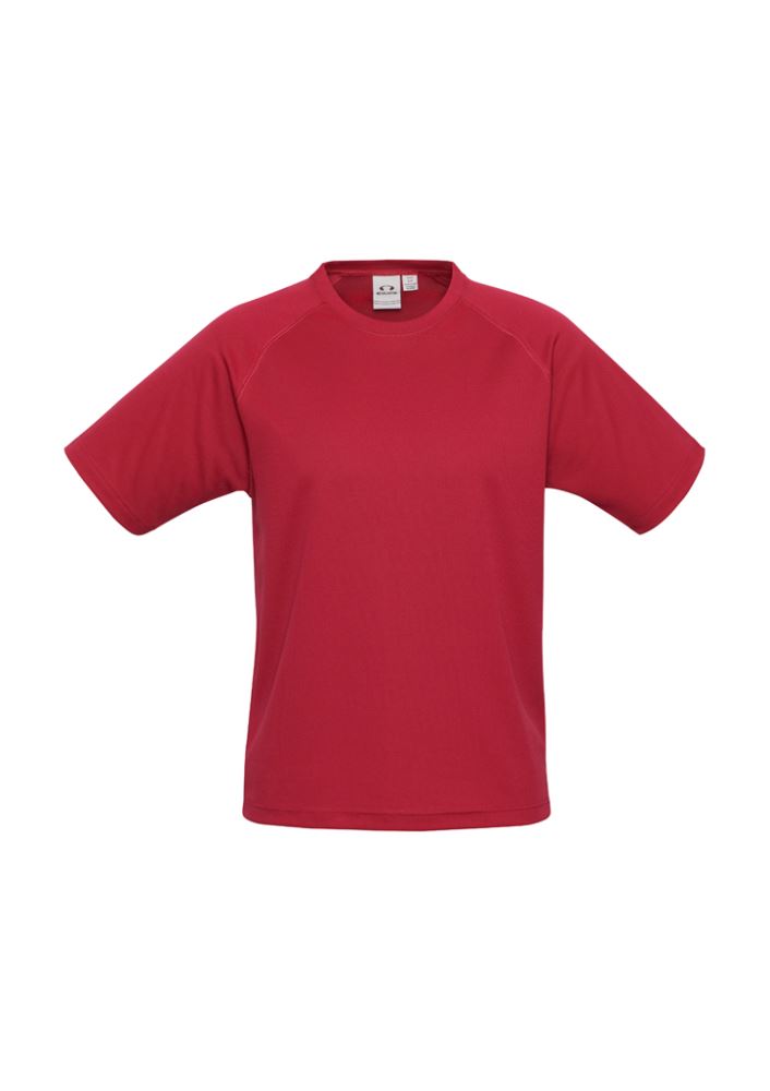 Kids Sprint Tee in vibrant red, size 10, made of breathable polyester with UPF sun protection and durable design for active play.