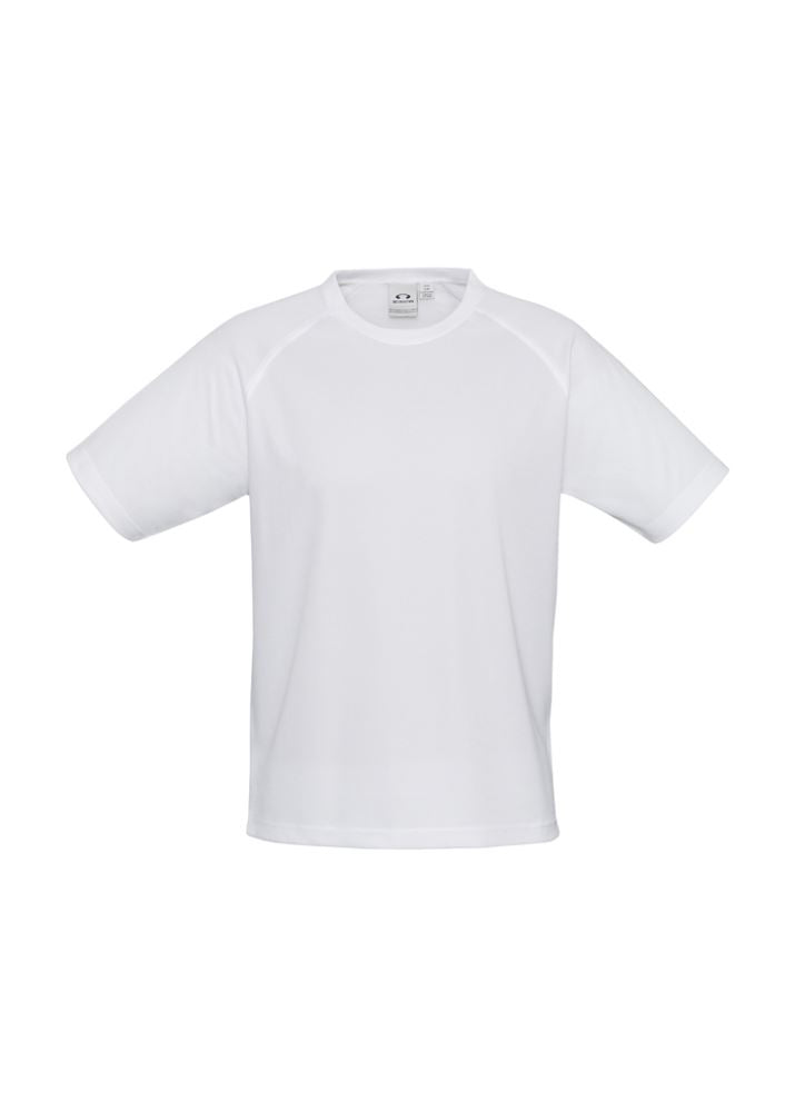 Kids Sprint Tee in white, size 6, featuring breathable polyester fabric, crew neck, and UPF sun protection for active play.