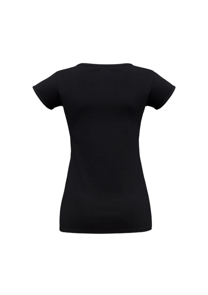 Ladies Viva Tee in black, size 12, featuring V-neck, cap sleeves, stretchy cotton blend, and ideal for casual or office wear.