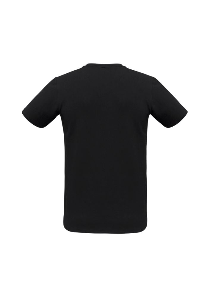 Men's black Viva Tee in size L featuring a fine-edged V-neck, lightweight stretch fabric, and excellent UV protection.