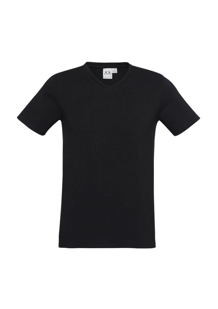 Men's black Viva Tee in size XL, made of 95% cotton, featuring V-neck, UPF protection, and stretch for comfort.