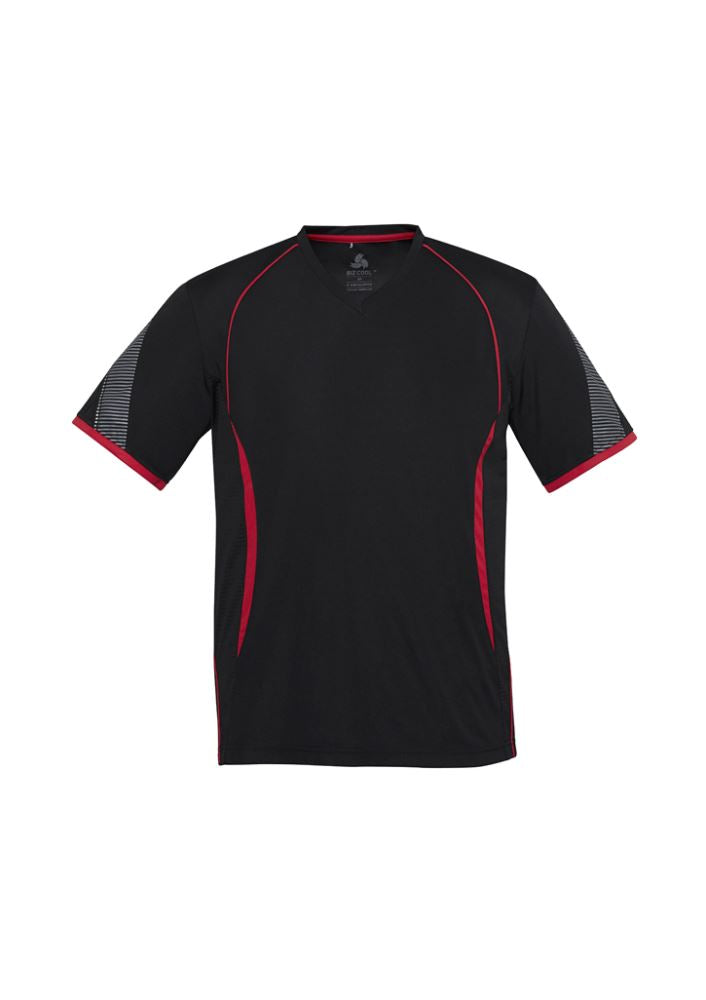 Kids Razor Tee in black and red, size 14, featuring breathable mesh, V-neck, and UV protection for active play.