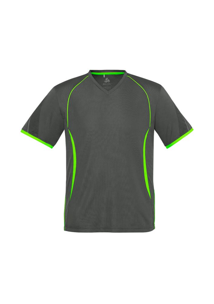 Men's Razor Tee in grey and fluoro lime, featuring breathable mesh panels, V-neck design, and unique sleeve print for activewear.