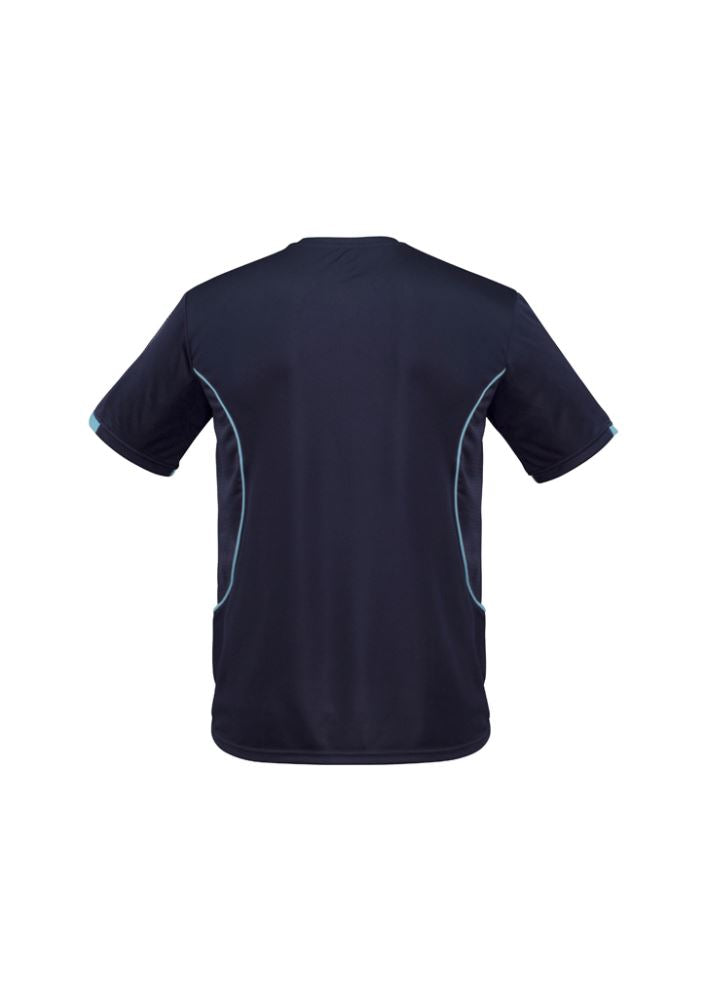 Men's Razor Tee in Navy/Sky - Size L, featuring breathable mesh panels, UV protection, and stylish contrast details.